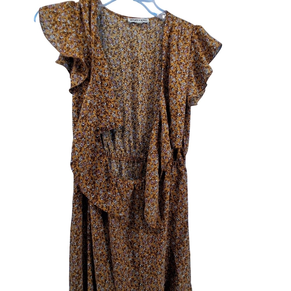 Inspired Hearts Maxi Dress Womens Large Mustard Floral Tie Front Cutout Tiered - Picture 2 of 7